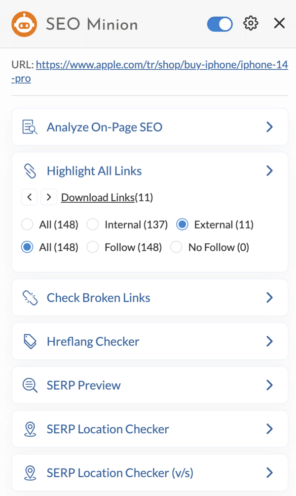 google chrome SEO Minion eklentisi